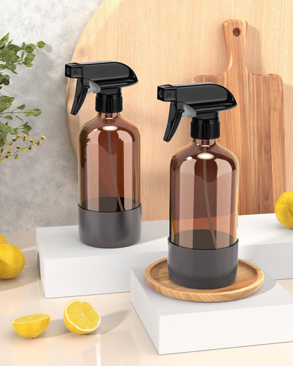 Bontip Glass Spray Bottle with Silicone Sleeve Protection, Amber Glass Spray Bottle Set for Window Cleaner Aromatherapy Facial Hydration Watering Flowers Hair Care 2 Pack/16 oz (Black & Brown)