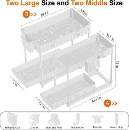 Sevenblue 4 Pack Under Sink Organizer, Bathroom Organizers and Storage, 2 Tier Multi-Use Pull Out Cabinet Organizer with Hang Hooks and Cups (Black, 4 Pack)