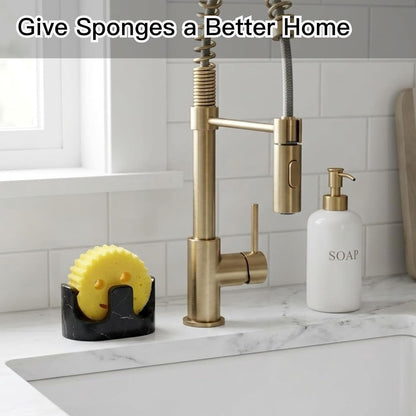 White Marble Sponge Holder for Kitchen Sink, 2-in-1 Sponge & Brush Holder with Raised Edge, 2 Slot Natural Stone Sink Caddy for Countertop, Keeps Countertops Dry, Non-Slip Base, Modern Kitchen Decor