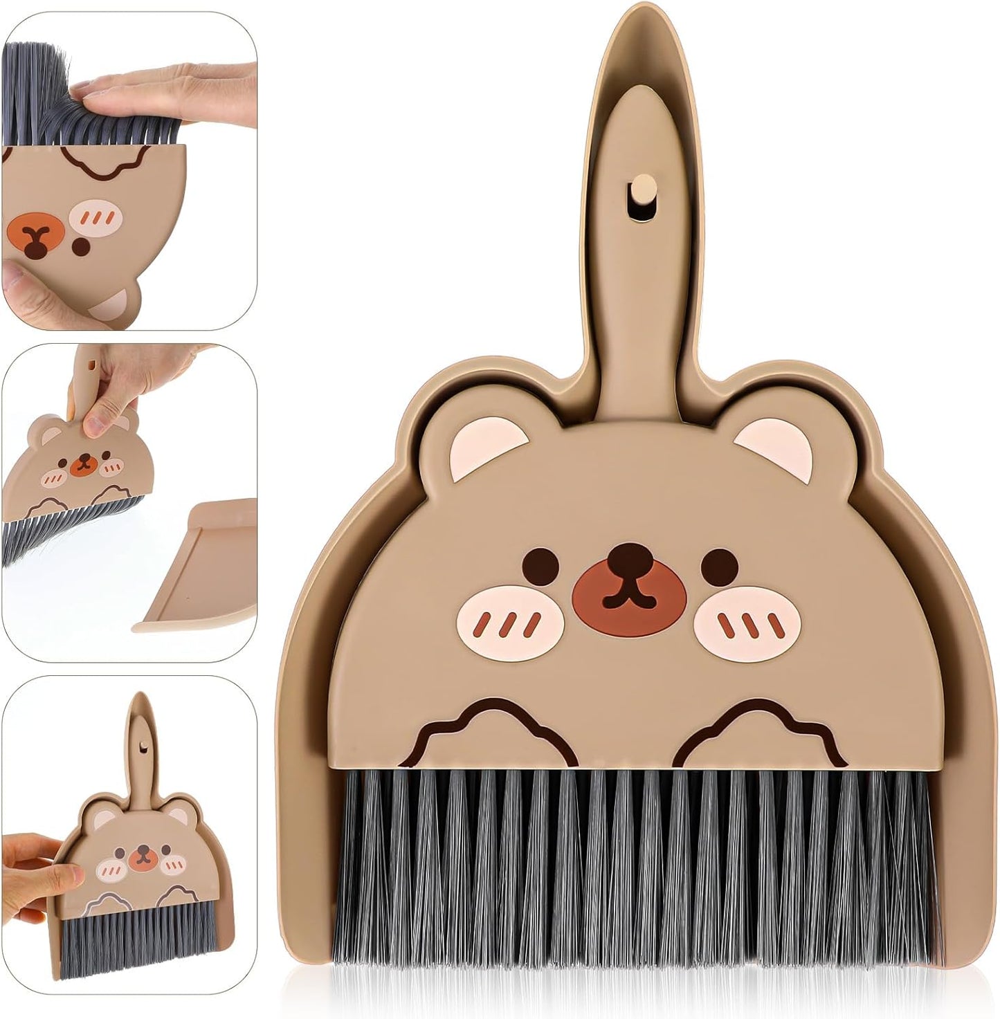 Ouligay Portable Hand Broom and Dustpan Set,Cute Mini Broom and Dustpan Set with Durable Brush,Lightweight Small Dust Pan and Broom Set for Desktop Cleaning Small Space Cleaning(Brown Bear)