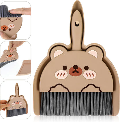 Ouligay Portable Hand Broom and Dustpan Set,Cute Mini Broom and Dustpan Set with Durable Brush,Lightweight Small Dust Pan and Broom Set for Desktop Cleaning Small Space Cleaning(Brown Bear)