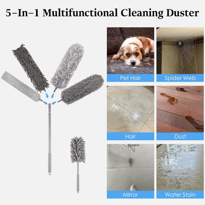 Microfiber Feather Duster 5-in-1 Kit with Extension Pole, Washable Cleaning Duster Set with 3 Duster Heads, Cobweb Duster, Corner Brush, 100'' Extendable Long Duster for High Ceilings, Fans, Furniture
