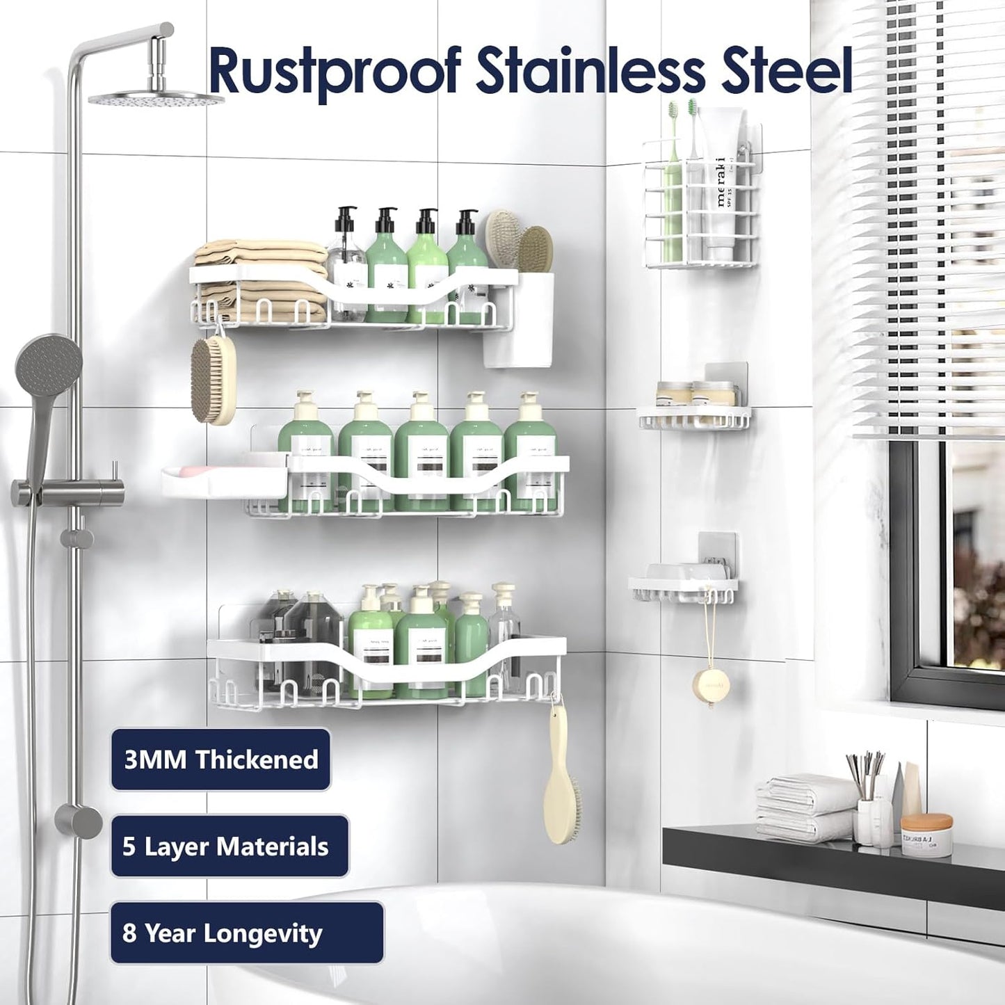 NESOMI Shower Caddy Adhesive Shower Organizer 7-Pack, Rustproof Stainless Steel Bathroom Shelves, Large Capacity No-Drill Rack Storage Accessories with Soap Dish Toothbrush Holder &24 Hooks Home Decor