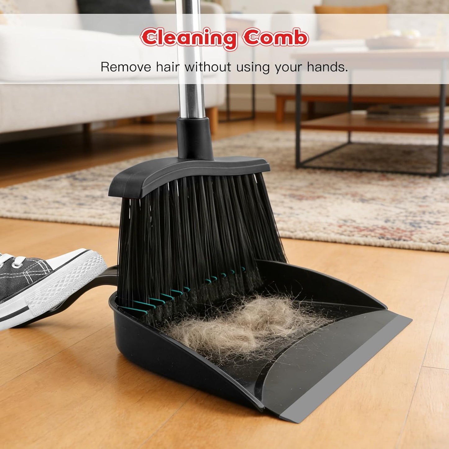 Broom and Step-on Dustpan Set, 59-in Adjustable Long Handle Broom with Dustpan Combo Set Outdoor Angle Broom for Sweeping Indoor Dust Pet Hair for Cleaning Kitchen Garage Deck Patio, Black&Red