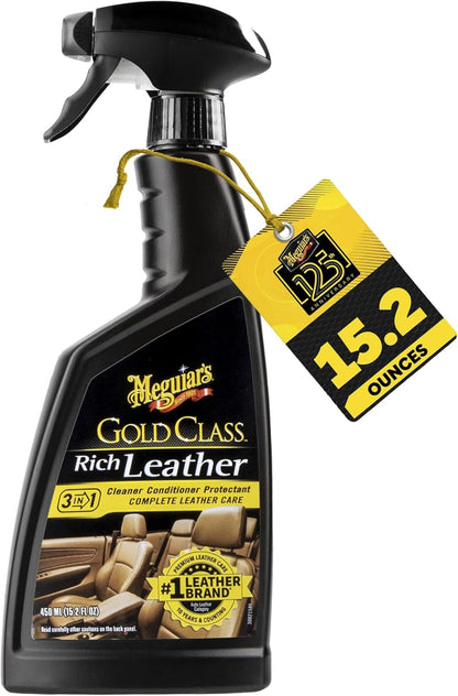 Meguiar's Gold Class Rich Leather Cleaner and Conditioner 3-in-1 Spray, Non-Greasy Car Leather Cleaner and Conditioner Treatment with Advanced UV Protection, 15.2 Oz Spray Bottle