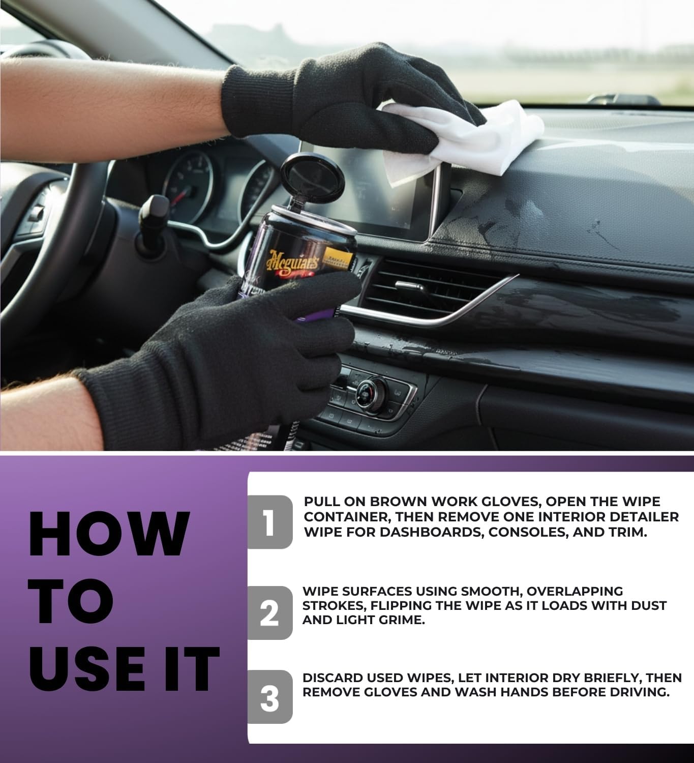 2x Quik Interior Detailer Multi-Surface Cleaner Wipes 30 Ct Bundle with Work Gloves – Convenient Car-Wipes for Dashboard, Vinyl, and Leather Wipes Use — Gift Set (3 Items)