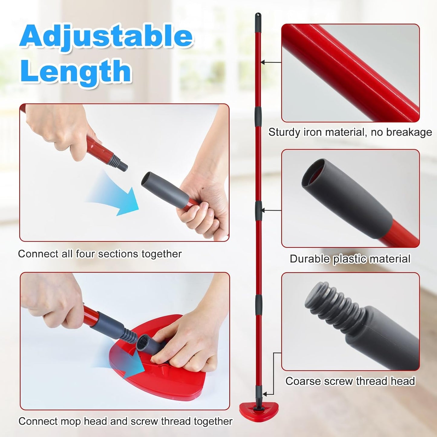 Mop Handle for Ocedar, Spin Mop Handle for O Cedar, 4-Section 30" to 58" Extendable Mop Handle Replacement for Ocedar, Mop Stick and Base for Ocedar Floor Cleaning, American Threaded Joint