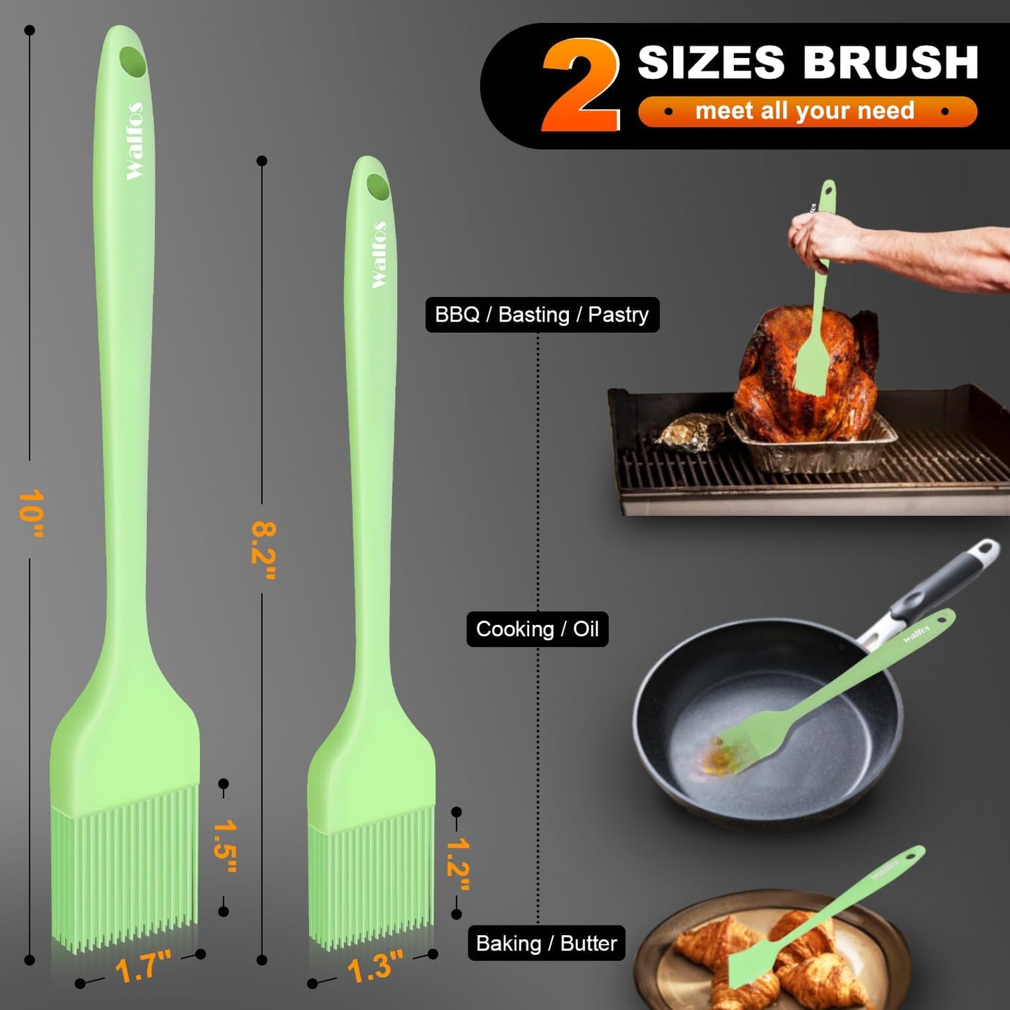 Walfos Silicone Basting Pastry Brush, Heat Resistant Pastry Brush Set, Strong Steel Core and One-Pieces Design, Perfect for BBQ Grill Baking Kitchen Cooking, BPA Free and Dishwasher Safe, 2 Pcs (Blue)