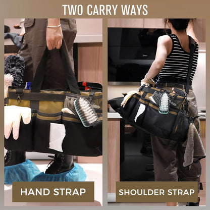 SCAVATA Wearable Cleaning Caddy Organizer with Handle & Shoulder Straps for Housekeepers, Under Sink & Car Cleaning Tool Organizer Bag with 4 Foldable Dividers (Green)
