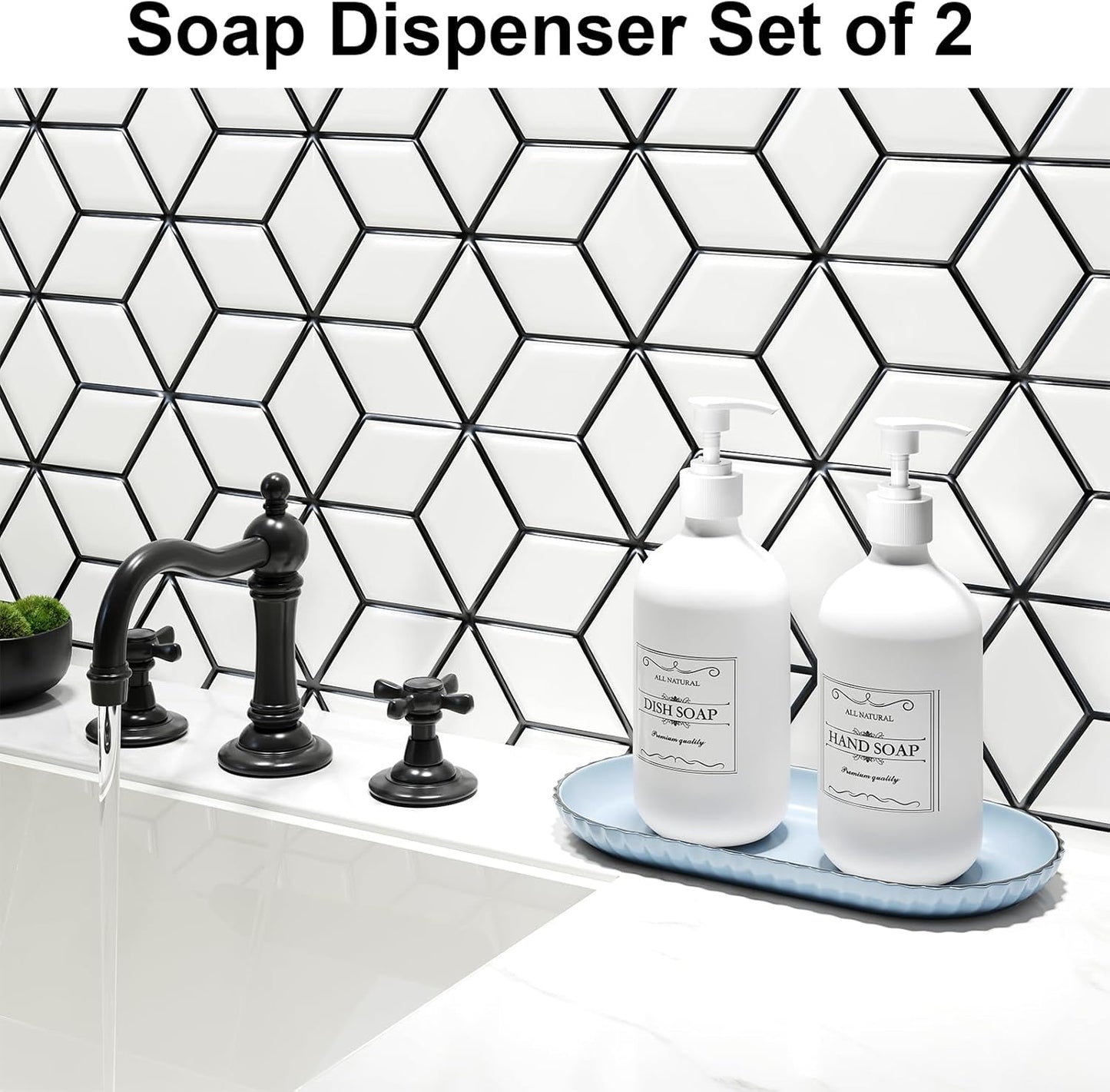 Kzeirm Green Soap Dispenser, Dish & Hand Soap Dispenser Set for Bathroom & Kitchen, Refillable Pump Bottle Dispenser, Plastic Empty Soap and Lotion Dispenser for Liquid, 2 Pcs