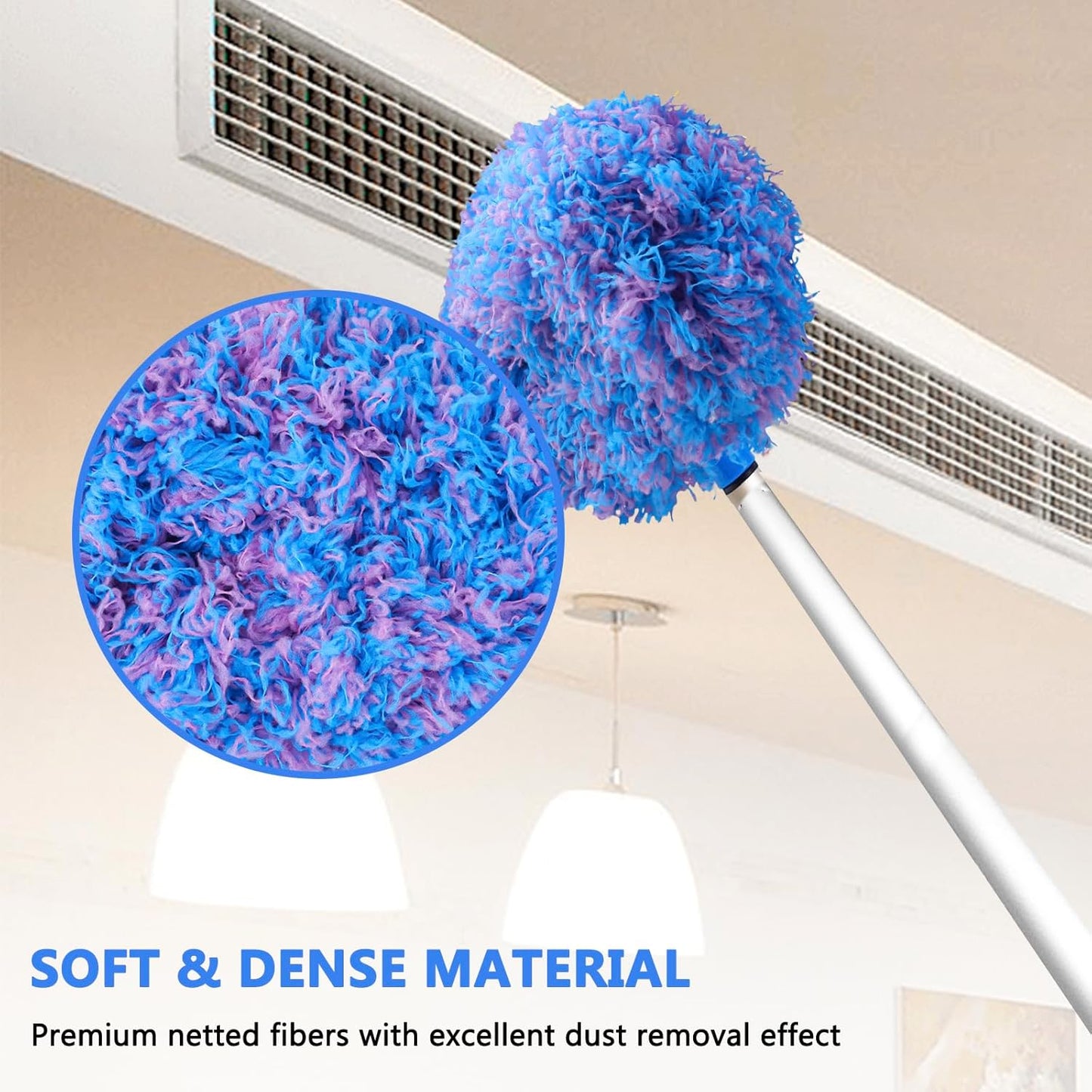 Ceiling Fan Cleaner Duster Reusable Microfiber Ceiling Fan Blade Cleaner Removable Duster with Extension Pole Adjusts 13 to 49.7 Inch for Cleaning Walls Bookshelves Furniture Door Window Top (Blue)