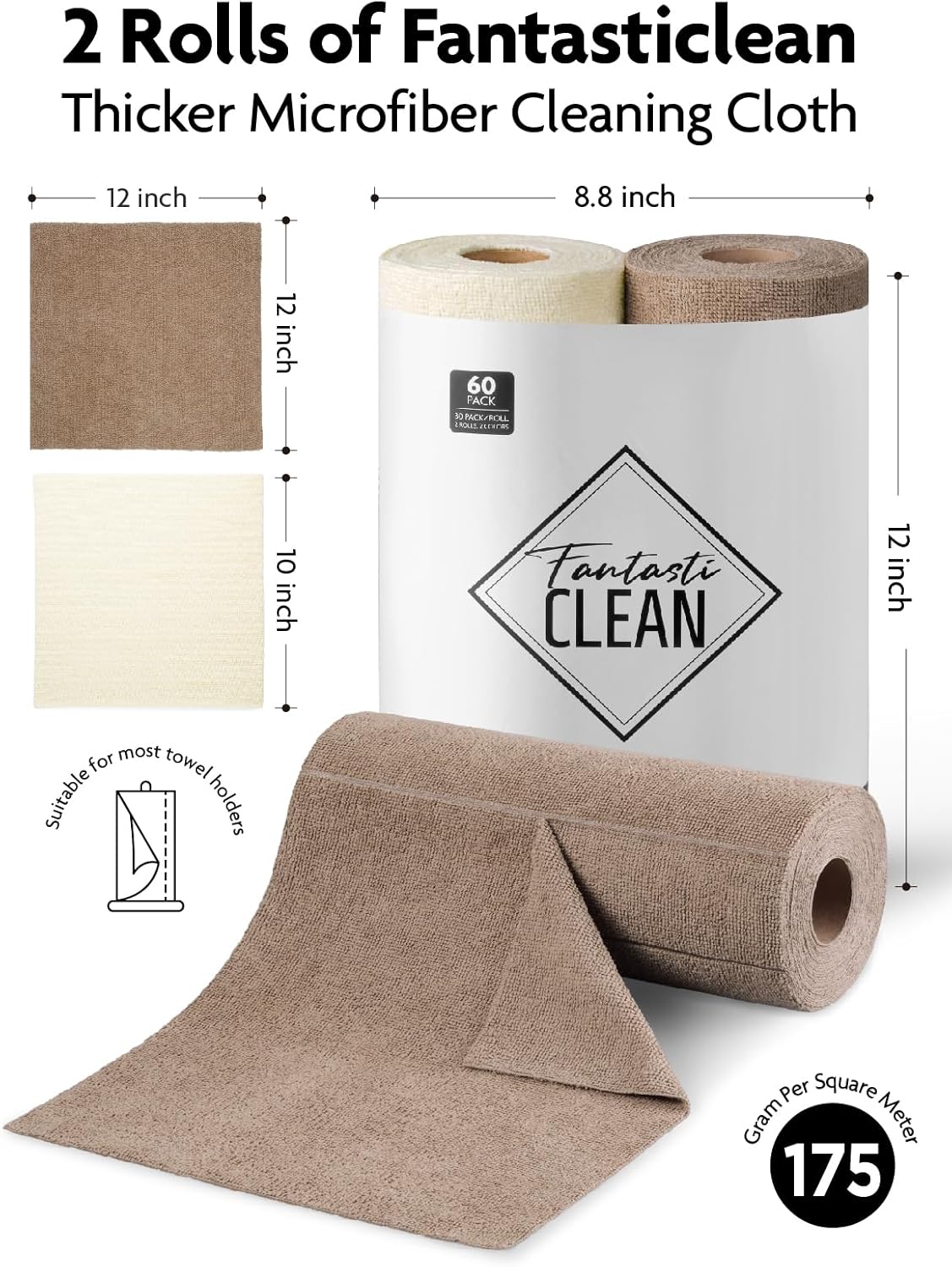 Fantasticlean Microfiber Cleaning Cloth Roll -40 Pack, Tear Away Microfiber Towels, 12" x 12", Reusable, Washable, Scratch Free, Ultra Absorbent Dishcloth for All-Around Cleaning Supplies (White)