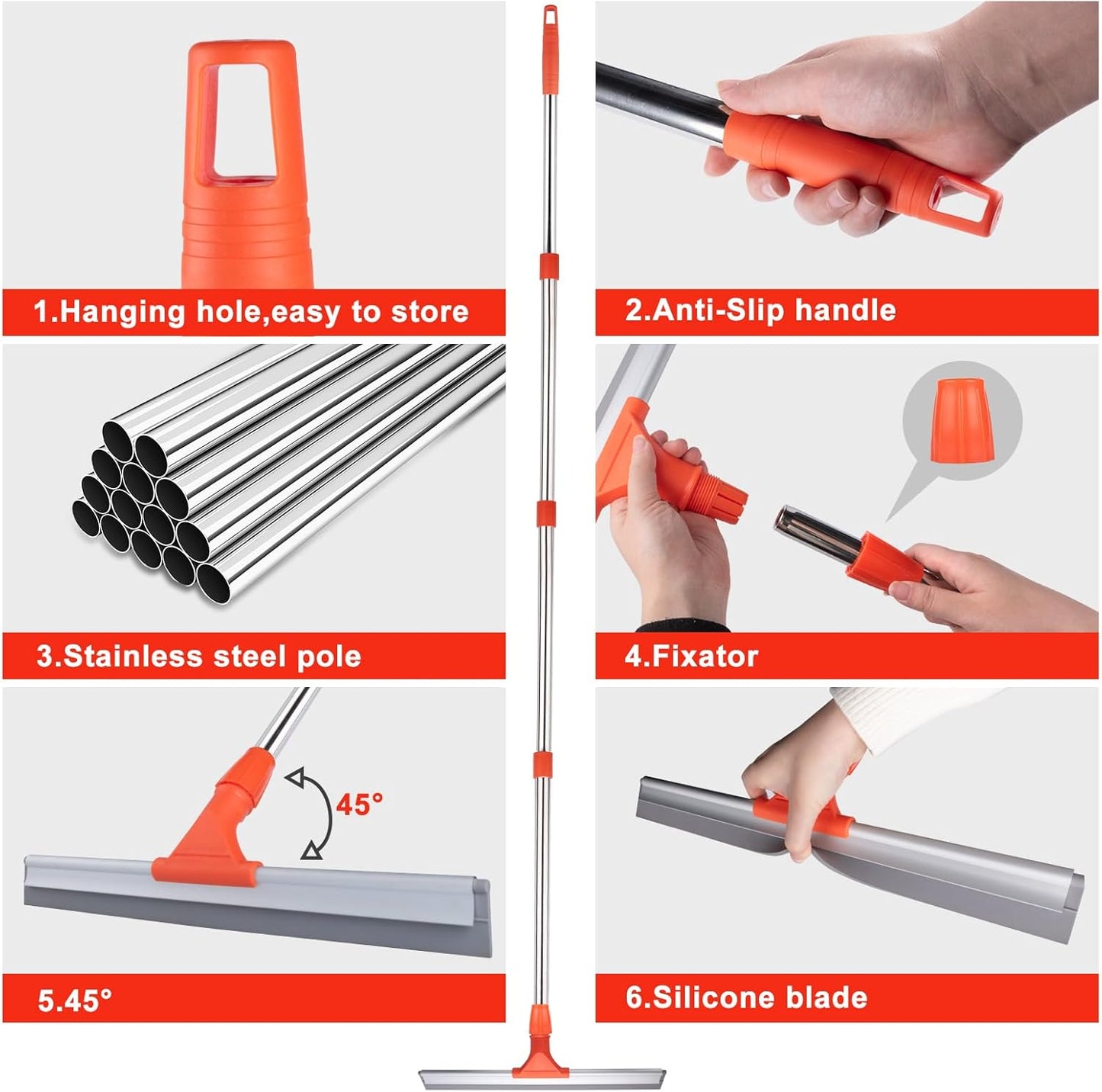 ITTAR Heavy-Duty Floor Squeegee, 62" Adjustable Handle, EVA Foam Blade, Ideal for Concrete, Garage, Patio & More