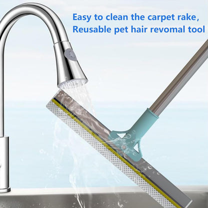 2 in 1 Carpet Rake for Pet Hair Removal Tool 54" Long Handle Rug Rake Dog Cat Hair Remover Broom with Dog Hair Grooming Glove Metal Pet Hair Removal Pro for Woodfloor Mat Stair Couch Car (Blue)