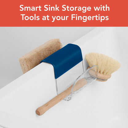 Spectrum Sink Saddle for Kitchen Sink Warm Gray Clear Sponge and Brush Holder Organizer, Dish Brush and Sponges Plastic Saddle Caddy for Double Sink Storage with Drain Holes for Quick Drying