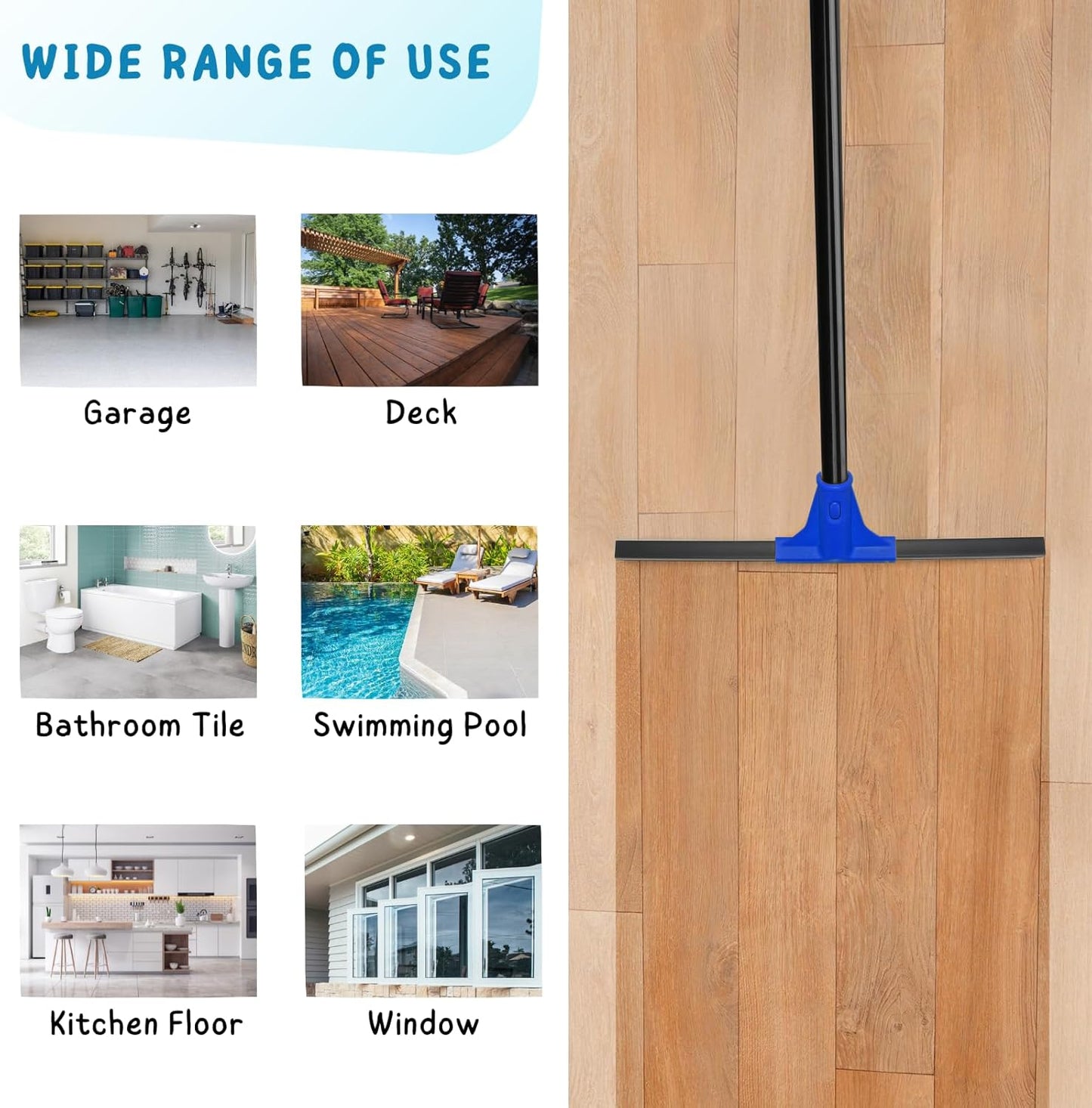 Squeegee Broom for Floor, 18'' Heavy Duty Rubber Wiper with 60'' Long Handle for Bathroom Tile, Garage Concrete, Deck, Shower Glass, Window Cleaning