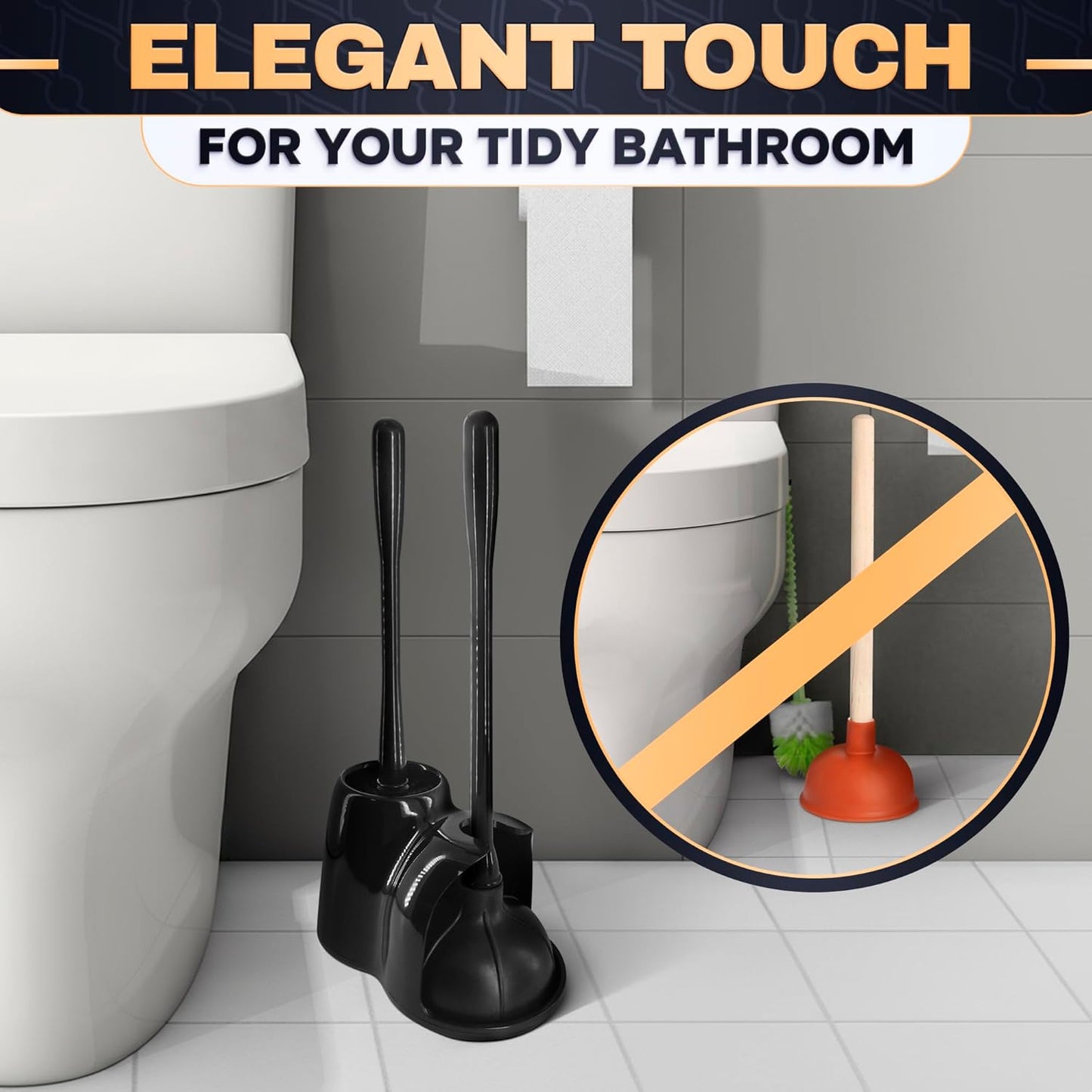 Toilet Brush and Holder Set - Silicone Toilet Brush Cleaner with Dark Grey Holder Base, Compact Accessory for Small Spaces - Easy to Place & Simple to Store After Use, Plastic Bathroom Cleaning Tool