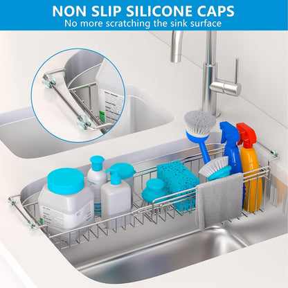 Dish Stands, Over The Kitchen Sink Caddy Sponge Holder Organizer Drying Rack Expandable for Sponge Brush Soap Dish Cloth Rag Smaller 12.25" to 17.25", Stainless Steel