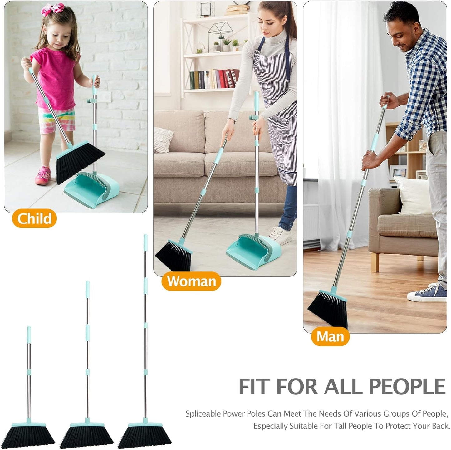 Broom and Dustpan Set, Dustpans with Broom Combo for Home, Heavy Dust Broom and Dustpan Combo, Long Handle Dust Pan and Broom Set for Kitchen, Office, Pet Hair,Beige, Pack of 1