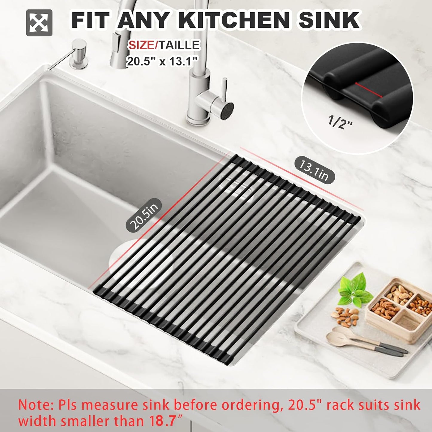 MERRYBOX Triangle Roll Up Dish Drying Rack Over The Sink, 2025 Anti-Rust Sink Drying Rack with Full Silicone Wrapped for Top of Corner, Anti-Slip Organizer for Kitchen