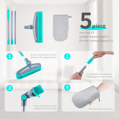 180°Rotating Head Rubber Broom with Squeegee for Pet Hair Removal - 51" Iron Handle Fur Remover Rake Brush for Carpet, Hardwood & Tile Floors, Includes Pet Hair Removal Gloves (Blue)