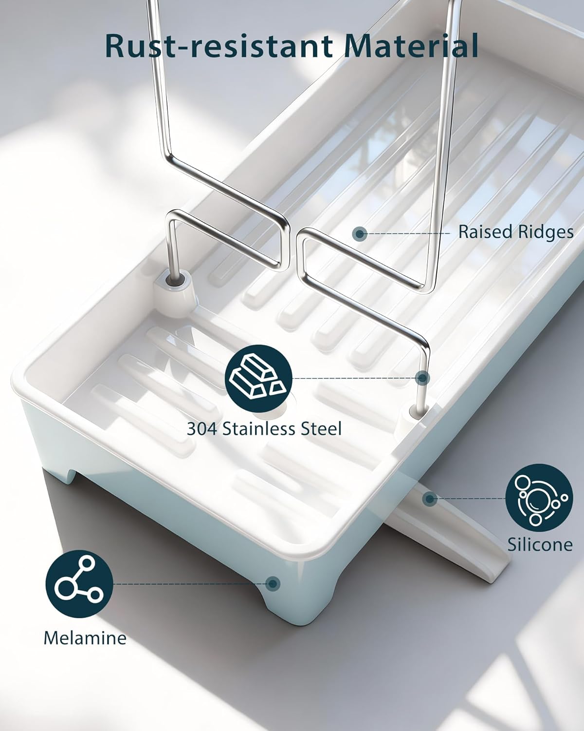 Minimalist Sink Caddy, Rustproof Sponge Holder for Kitchen Sink with 304 Stainless-Steel Brush Holder, Countertop Rack Organizer with Raised Ridges & Silicone Drain Tube (Mint Green, Large)