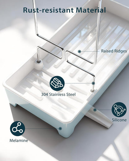 Minimalist Sink Caddy, Rustproof Sponge Holder for Kitchen Sink with 304 Stainless-Steel Brush Holder, Countertop Rack Organizer with Raised Ridges & Silicone Drain Tube (Mint Green, Large)