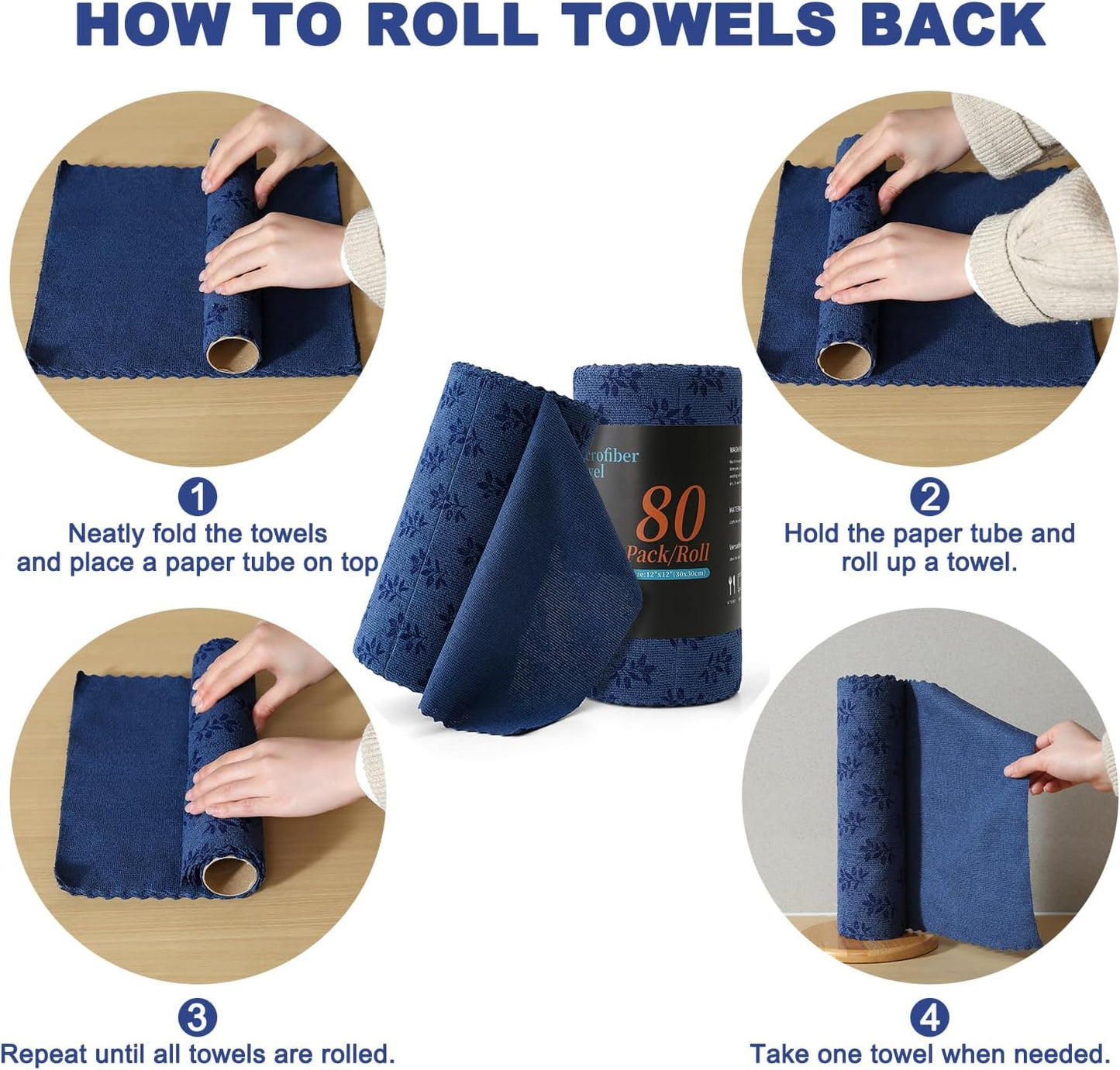 Microfiber Cleaning Cloth Roll,80 Pack Cleaning Towels,Lint Free Rags Paper Towels & Tear Away Reusable Towels,Washable Shop Rags Floral Wipe Cloth,Wash Cloths Dish Rags for Car Kitchen Window