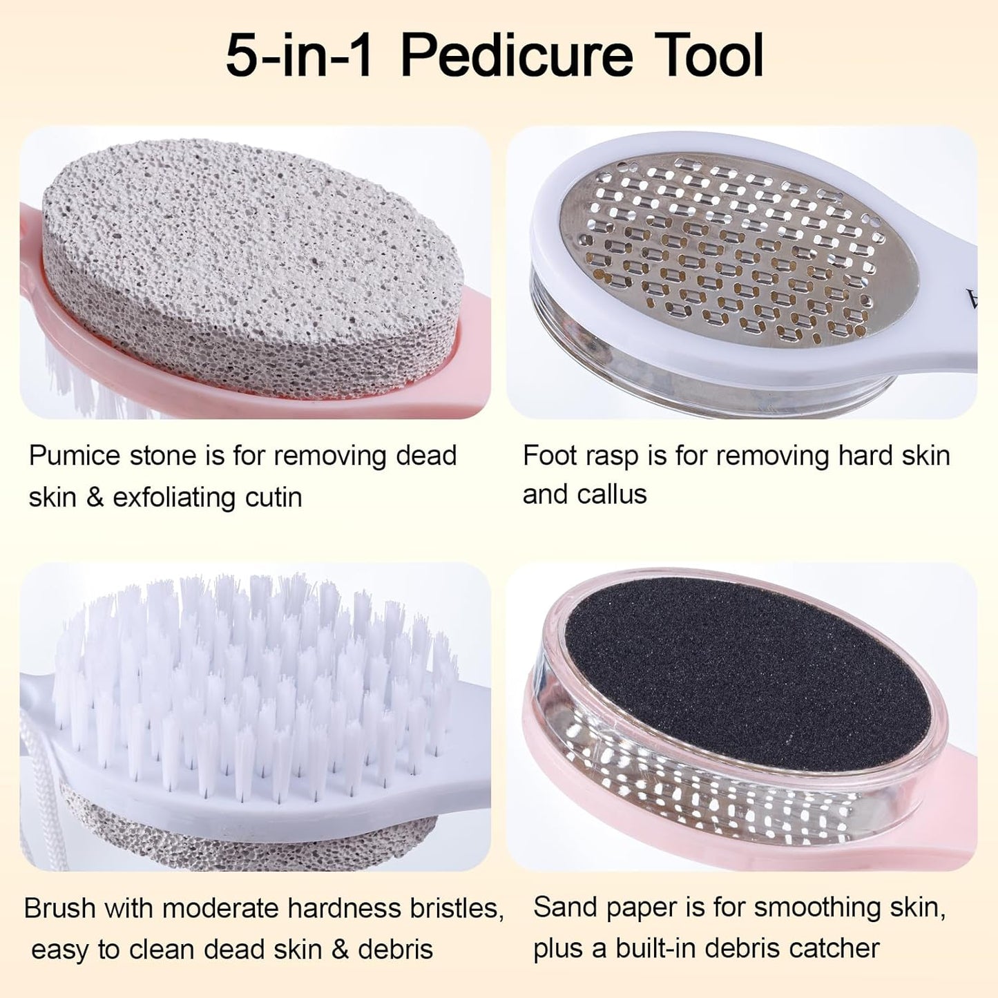 Foot File Callus Remover 5-in-1, 2 Pcs Feet Scraper Pedicure Tools with Pumice Stone, Scrubber Brush, Stainless Steel Foot Rasp and Sand Paper Debris Catcher, Multi Purpose, Cyan