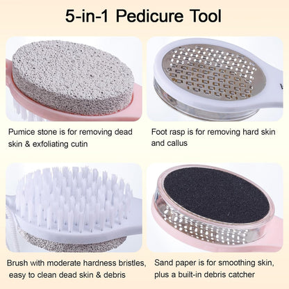 Foot File Callus Remover 5-in-1, 2 Pcs Feet Scraper Pedicure Tools with Pumice Stone, Scrubber Brush, Stainless Steel Foot Rasp and Sand Paper Debris Catcher, Multi Purpose, Cyan