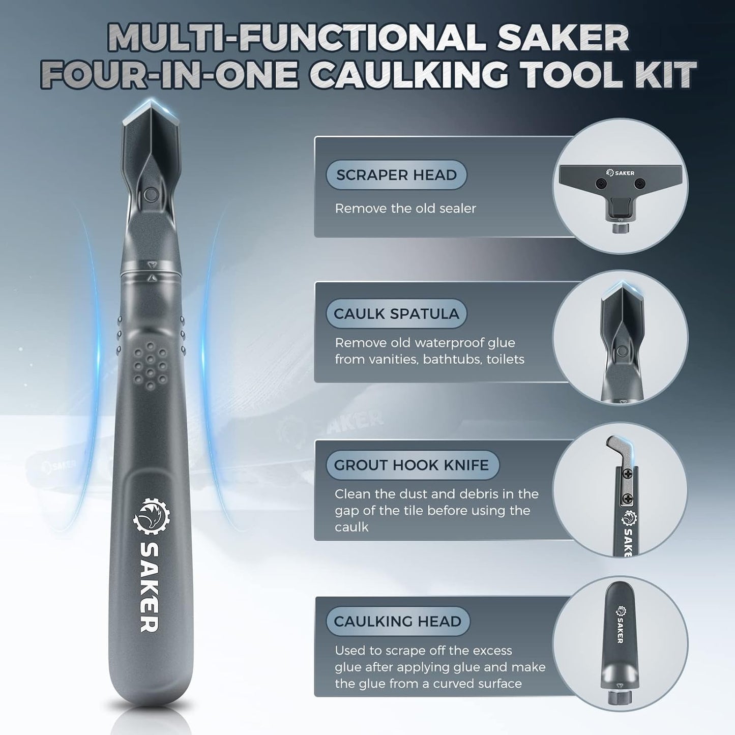 Saker Silicone Caulking Tool 3-in-1 Grout Removal Tool and Sealant Finishing Scraper with Stainless Steelhead, Caulk Remover and Seam Repair Kit for Bathroom, Kitchen, Floor, Window and Sink Joints