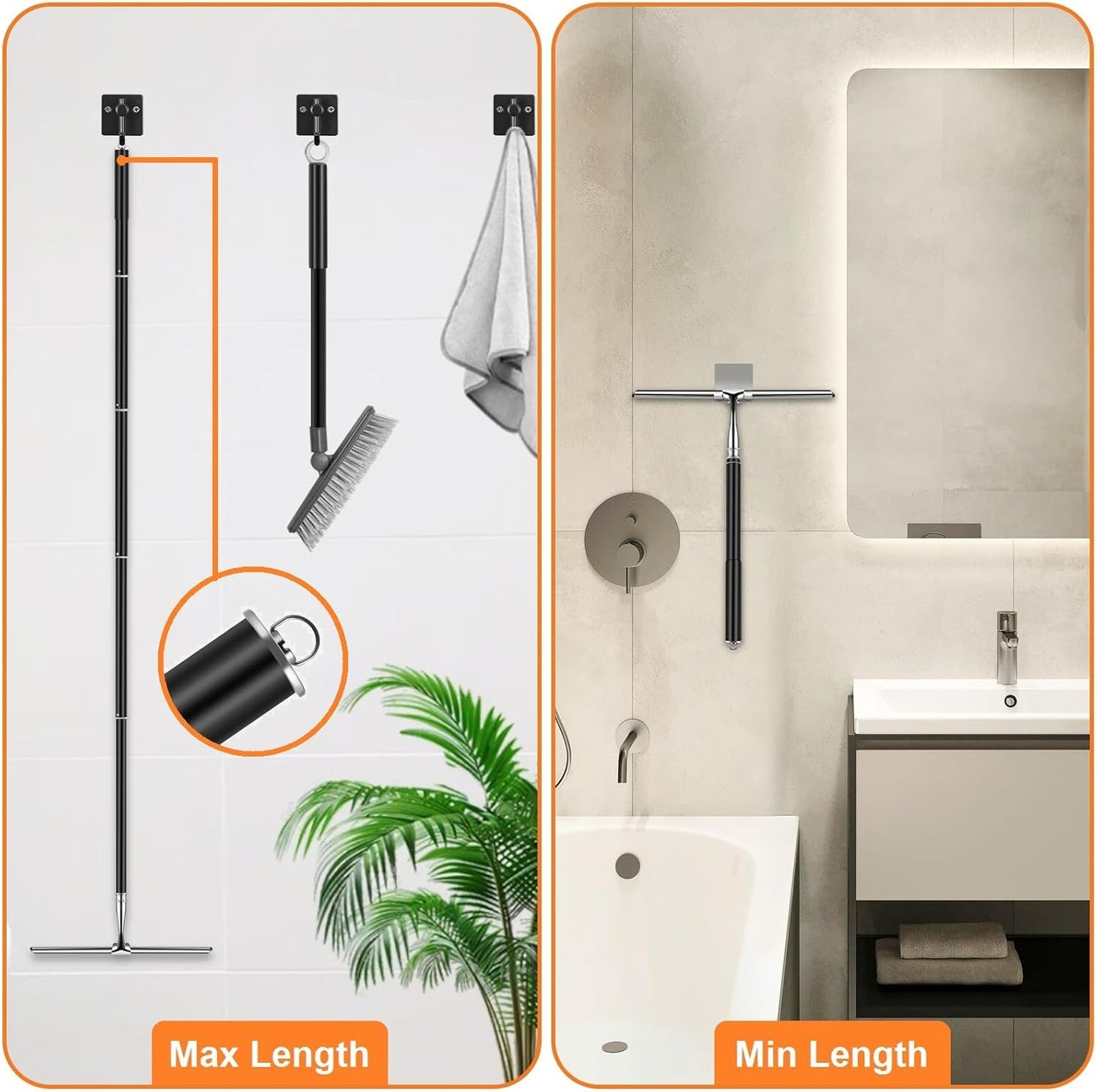 Max 62'' Metal Squeegee with Extension Pole for Window, Glass Door, Mirror,12'' Wide Telescopic Shower Squeegee Cleaner With Long Handle for Cleaning Tile Wall, Floor, Car, Bathroom,Screen, Windshield