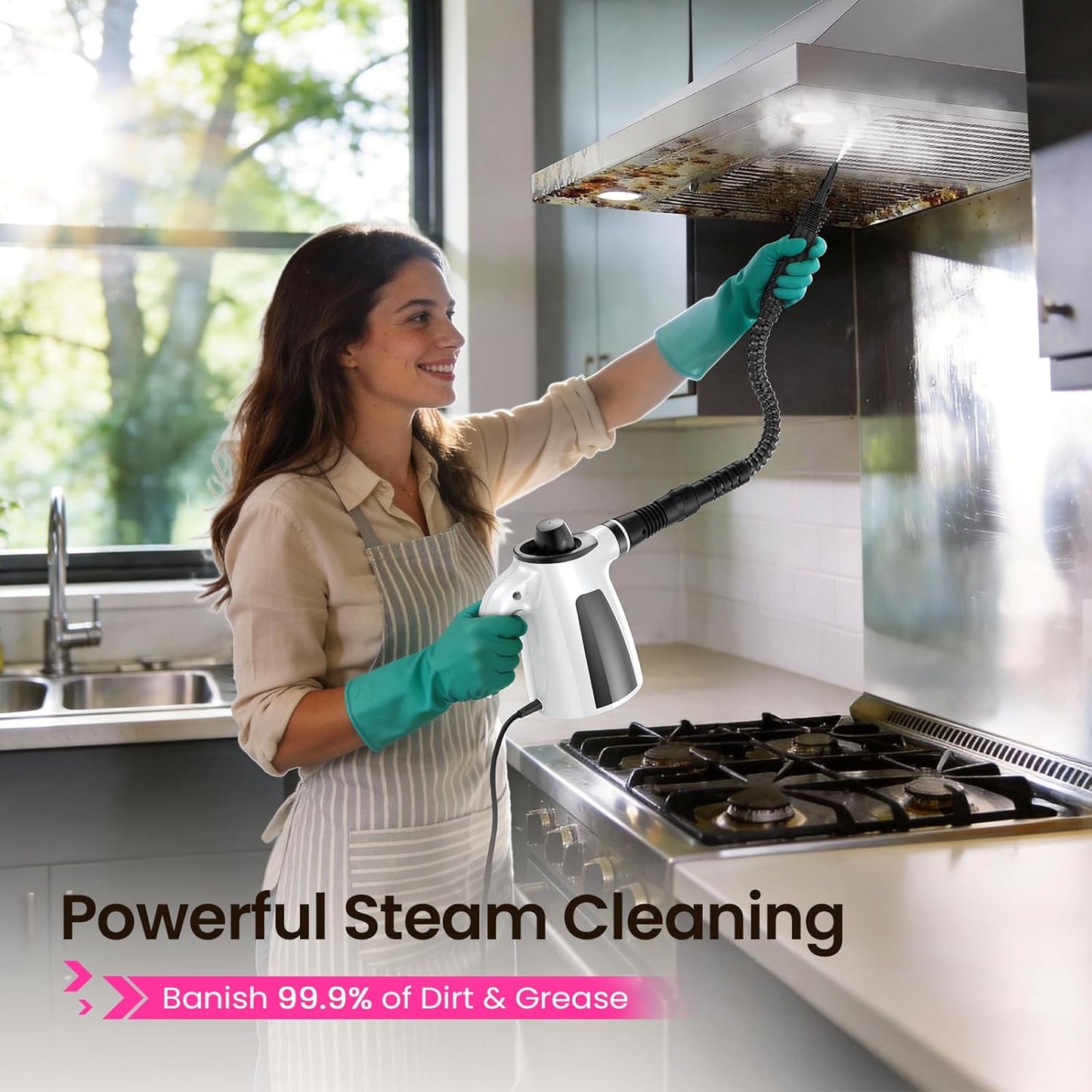 Steam Cleaner, Pressurized Handheld 13pcs Multi-Purpose Natural Deep Cleaning Steamer, Portable Steamer for Cleaning Home, Grout, Kitchen, Car, Window, Upholstery, Bathroom and Clothes, Gray