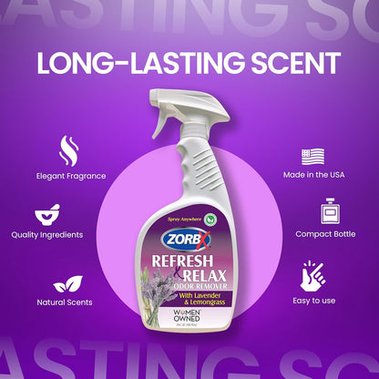 ZORBX Refresh & Relax Odor Remover Spray with Lavender & Lemongrass 8 Oz (Pack of 2) – Permanent Solution Room Freshener & Air Freshener Spray for Home, Bathroom, Furniture, Carpet, Car, Gym & Laundry