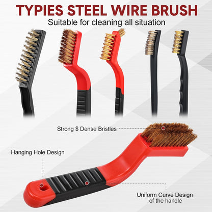 Sumind 30 Pcs Wire Cleaning Brush Set Nylon/ Stainless Steel/ Brass Metal Brush with Curved Handle Grip Paint Remover for Cleaning Rust Grout Cleaner (Nylon, Brass, Stainless Steel)