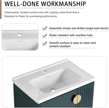 SSLine Modern 24-Inch Bathroom Vanity with Sink Wall Mounted Bathroom Vanity with Top Basin & Storage Cabinet White Wood Floating Vanity w/Ceramic Sink & Gold/Black Handles for Small Space