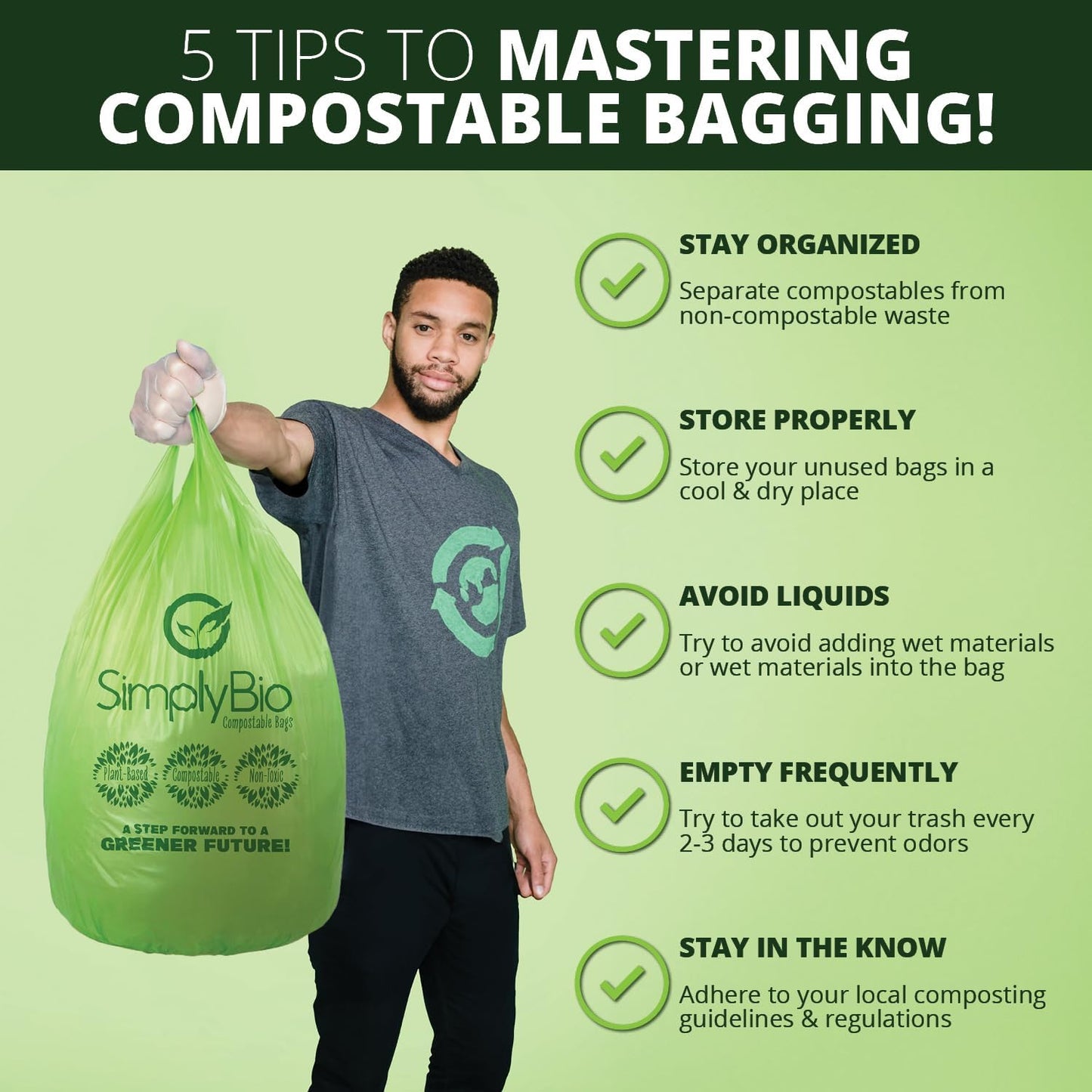 Simply Bio 13 Gallon Compostable Trash Bags Liners Drawstring, Heavy Duty Extra Thick 1 Mil, 49.21 Liter, 30 Bags, Tall Kitchen Food Scrap Waste Bag, ASTM D6400, US BPI and OK Compost Home Certified
