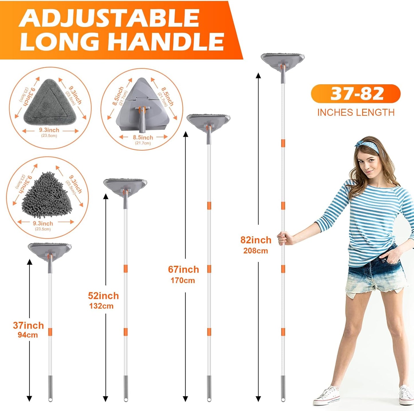 Wall Cleaner Triangle Mop with 82'' Long Handle - Wall Scrubber, Cleaning Washer Tool with 4 Microfiber Chenille Duster Pads for Clean Walls, Ceiling, Windows, Baseboards, Floors (Green, 4 Pads)