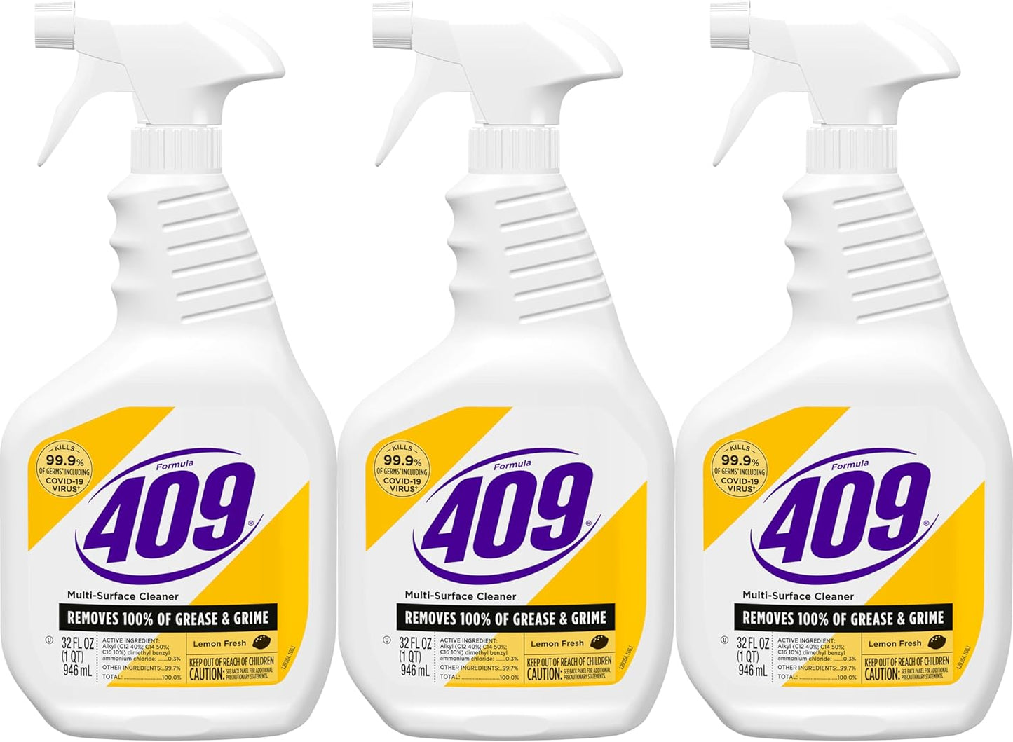 Formula 409 Multi-Surface Cleaner, Spray Bottle, Lemon Fresh, 32 Fluid Ounces, Pack of 3