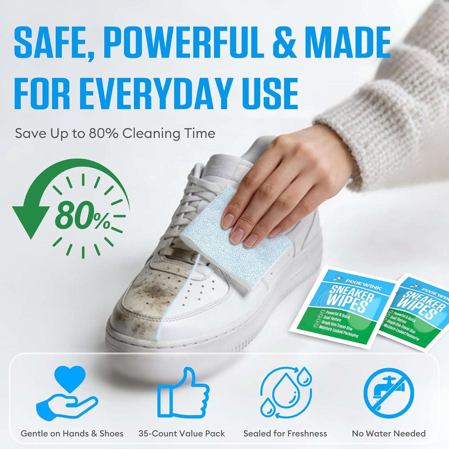 Sneaker Cleaning Wipes, Dual-Sided Instant Shoe Cleaner Wipes for White Sneakers, Waterless Shoe Cleaning Wipes for Leather, Canvas, Mesh & Rubber, Individually Wrapped Travel Shoe Wipes, 35 Count