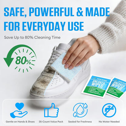Sneaker Cleaning Wipes, Dual-Sided Instant Shoe Cleaner Wipes for White Sneakers, Waterless Shoe Cleaning Wipes for Leather, Canvas, Mesh & Rubber, Individually Wrapped Travel Shoe Wipes, 35 Count