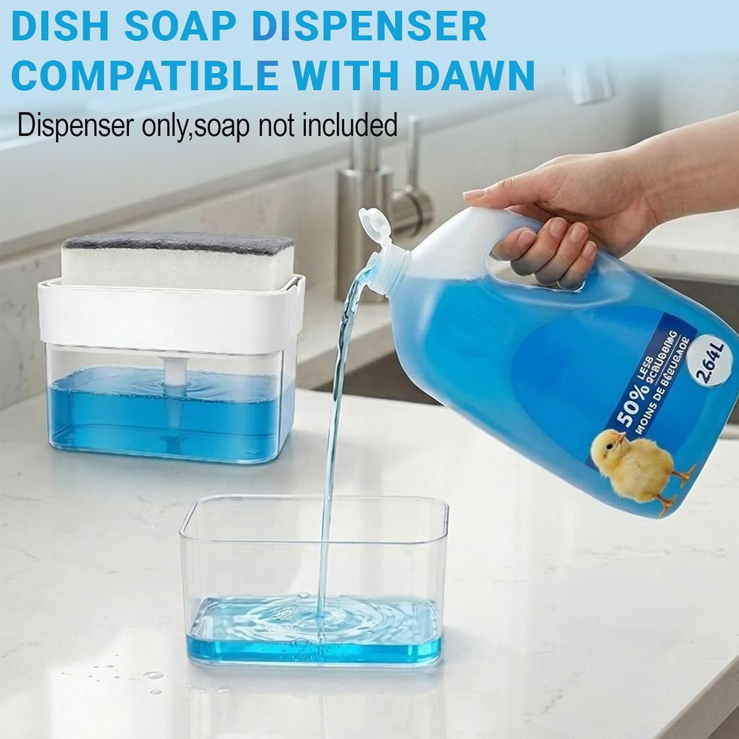 Dish Soap Dispenser Compatible with Dawn - 10oz BPA-Free Plastic Soap Dispenser with Sponge Holder Compatible with Dawn,All-in-One Sink