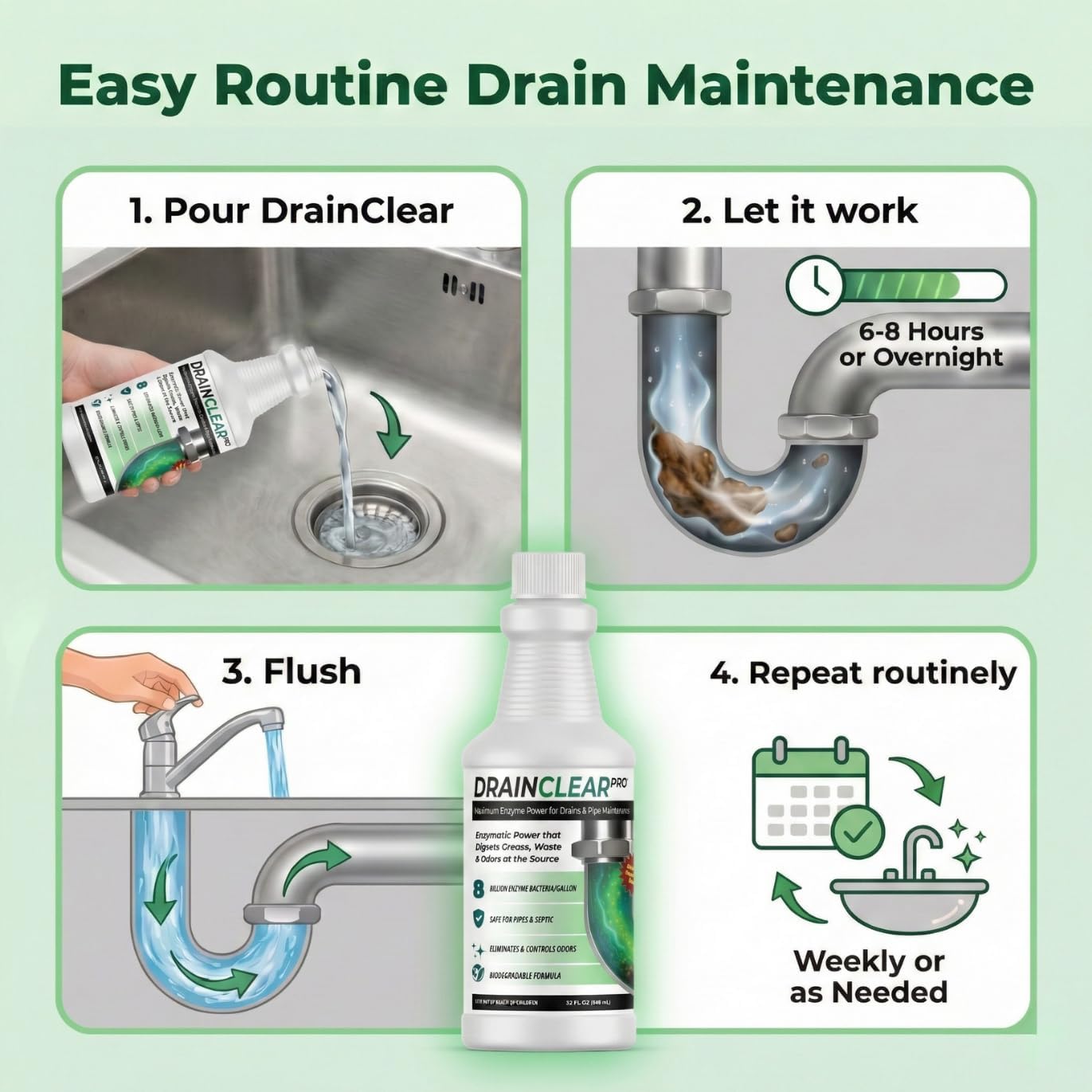 DrainClear Pro Enzyme Drain Cleaner 32oz - Enzymatic Formula Digests Grease, Waste & Odors - Safe for Pipes and Septic Systems - Biodegradable Drain Treatment for Home & Commercial Use