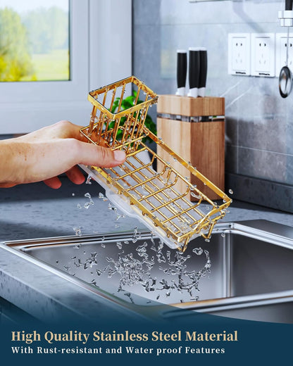 Consumest Sink Caddy, Kitchen Sponge Holder with Dish Brush Holder, Kitchen Organizer with Drip Tray for Countertop, Stainless Steel Rustproof - Silver