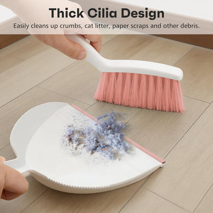 NACENA Mini Broom and Dustpan Set, Small Dust Pan and Brush Set with Handle Dustpan Teeth for Cleaning Hair Suitable for Office Desks Drawers Sofas Outdoor Camping, Light & Purple