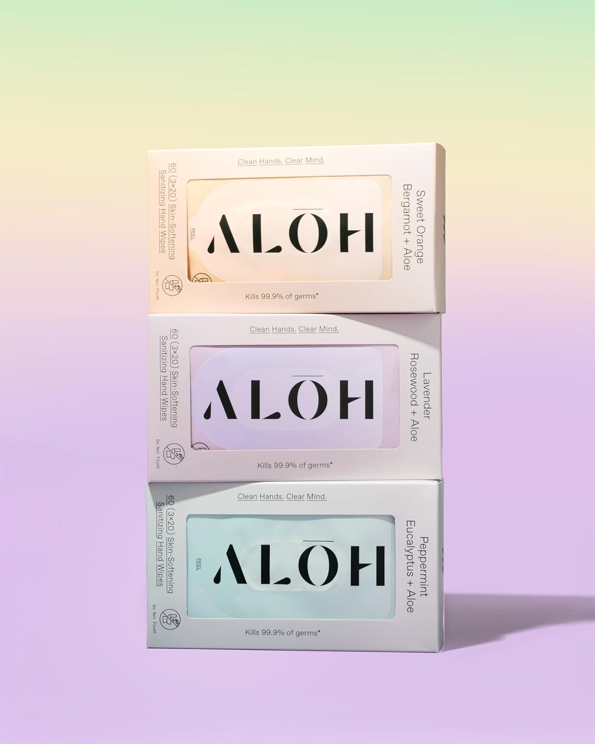 ALŌH Peppermint Eucalyptus + Aloe Sanitizing Hand Wipes - Clean Hands, Clear Mind On The Go Sanitizer for Kids and Adults - Travel Size 3 Pack 20ct Wipes (60 Wipes)