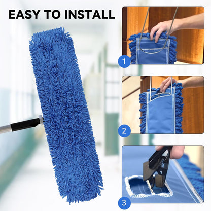 3 Pack 24 Inch Microfiber Dust Mop Head, Medium Washable Commercial Sweeper and Janitorial, Blue
