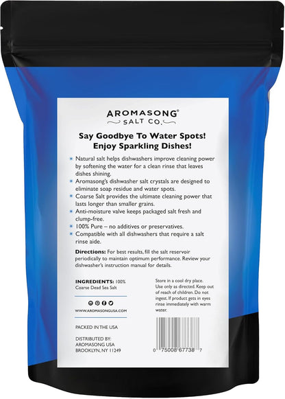 Aromasong Dishwasher Salt 5 LB - 100% Natural Water Softening Agent Compatible with Bosch, Miele, Whirlpool, Thermador and More... For Cleaner Dishes & Washer Reactivation (packaging may vary)