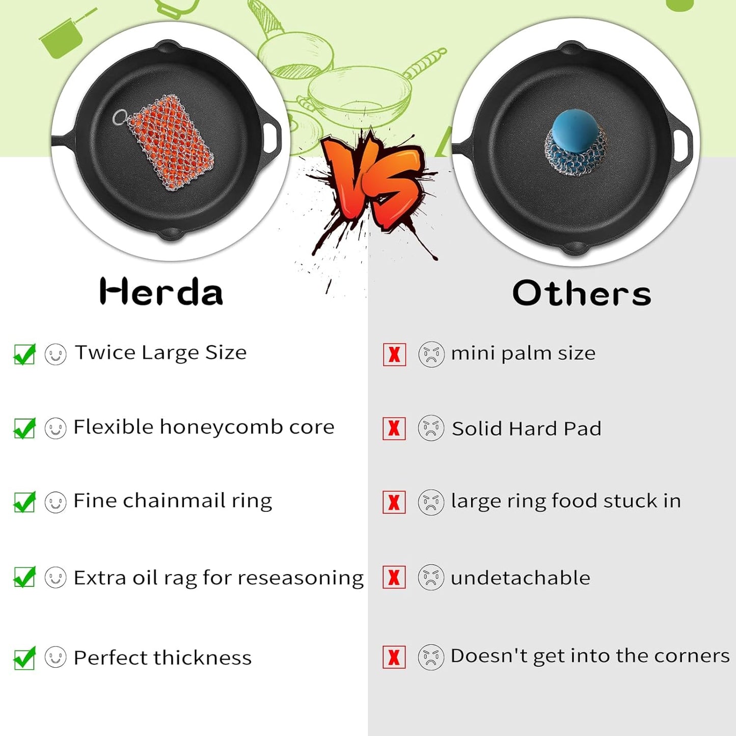 Herda Chain Mail Cast Iron Cleaner Scrubber,316 Chainmail Pan Scrubber Metal Cleaning Brush, Pad, Sponge Scraper to Clean Skillet,Dutch Oven, Wok,Grill Griddle,Chain Link Scrub Brush Pot Care Kit