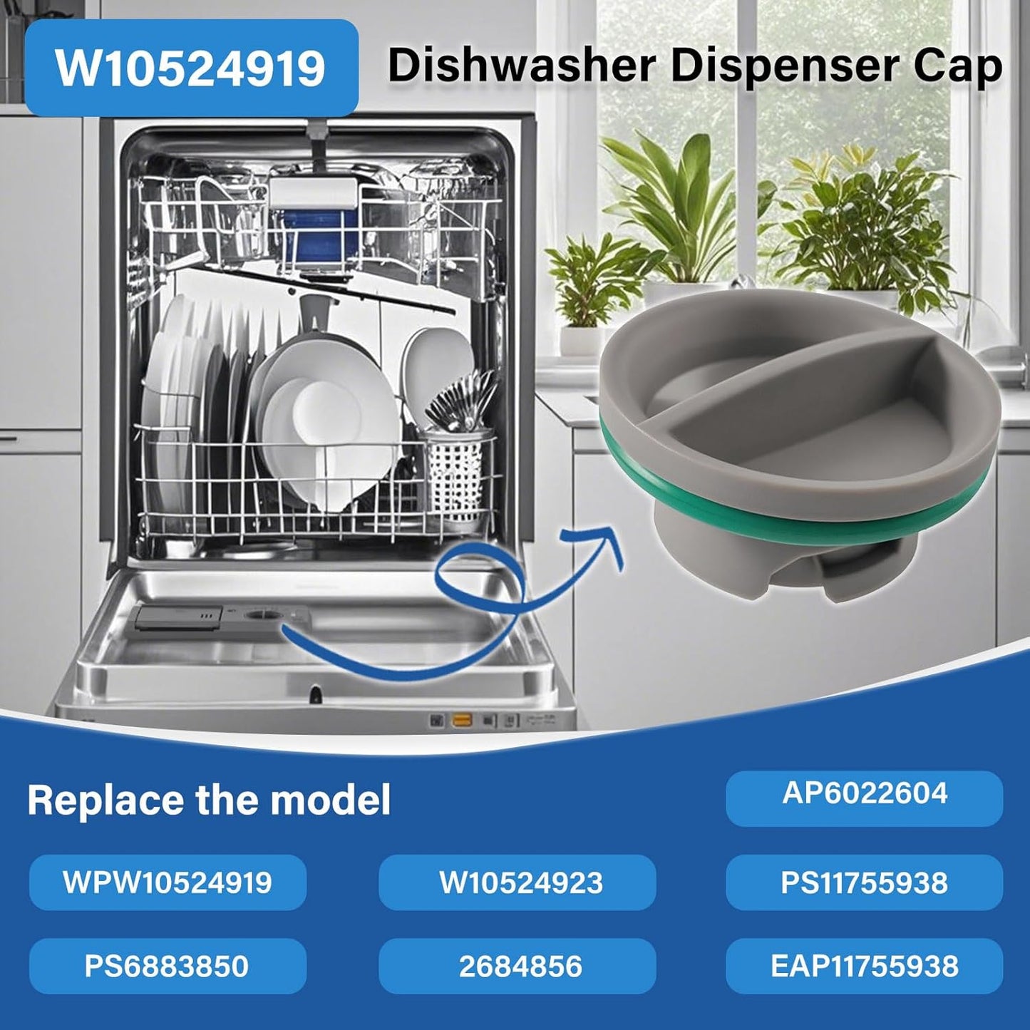 Upgraded WPW10524919 Dishwasher Rinse Aid Cap Replacement Compatible with Whirlpool Amana Ikea WDP350PAAW5 KDTE104DSS0. W10524919 Dispenser Cap Replace W10524923 Dishwasher Rinse Aid Dispenser Cap